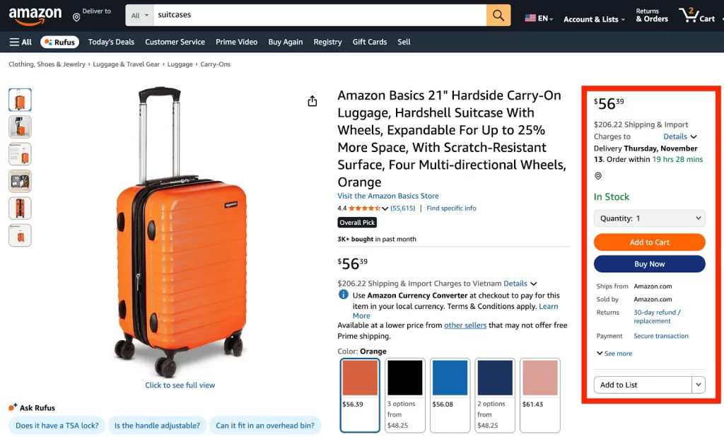 A luggage listing on Amazon 
