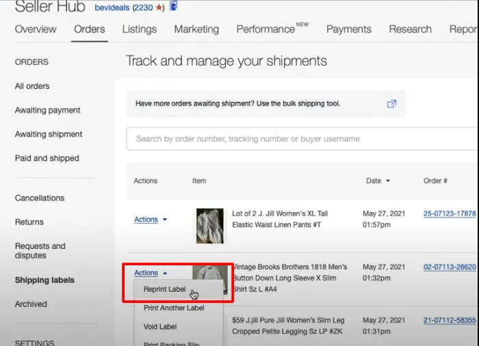 reprint shipping label on ebay