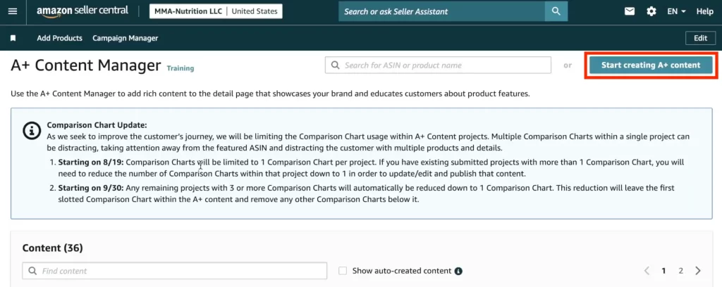 Amazon A Content6 Create A+ content dashboard