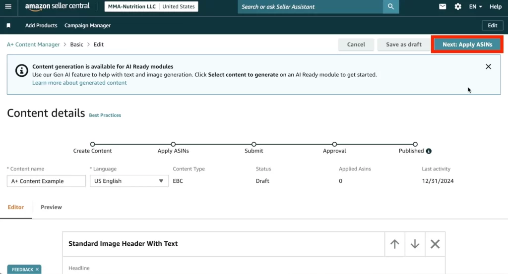 Amazon a content 11 1 Apply to ASINs and review