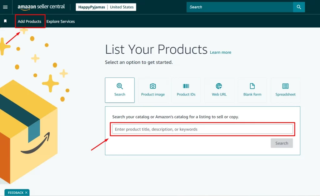 Click Add products on the Amazon Seller Center to start listing a product on Amazon