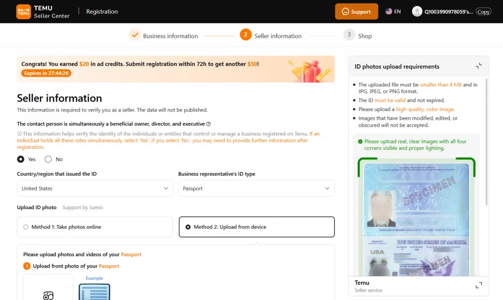provide seller information on Temu Provide seller information on Temu