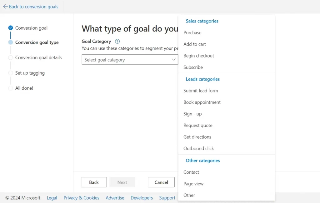 Select Conversion Goals types