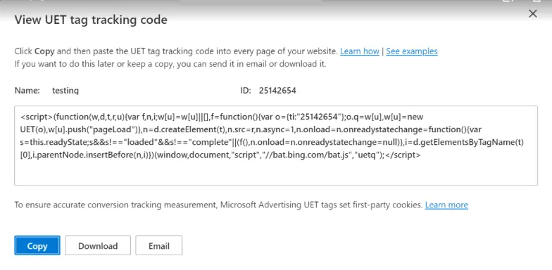 Copy UET tag code