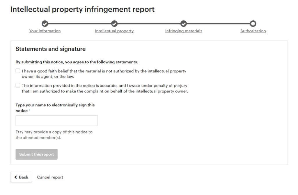 Report Copyright Infringement on Etsy
