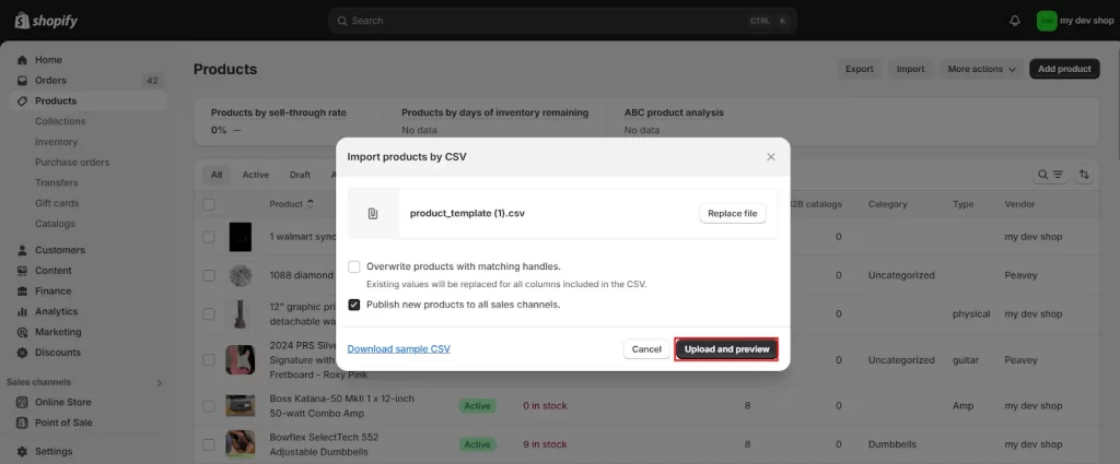 Choose Upload and review to Shopify import product process.