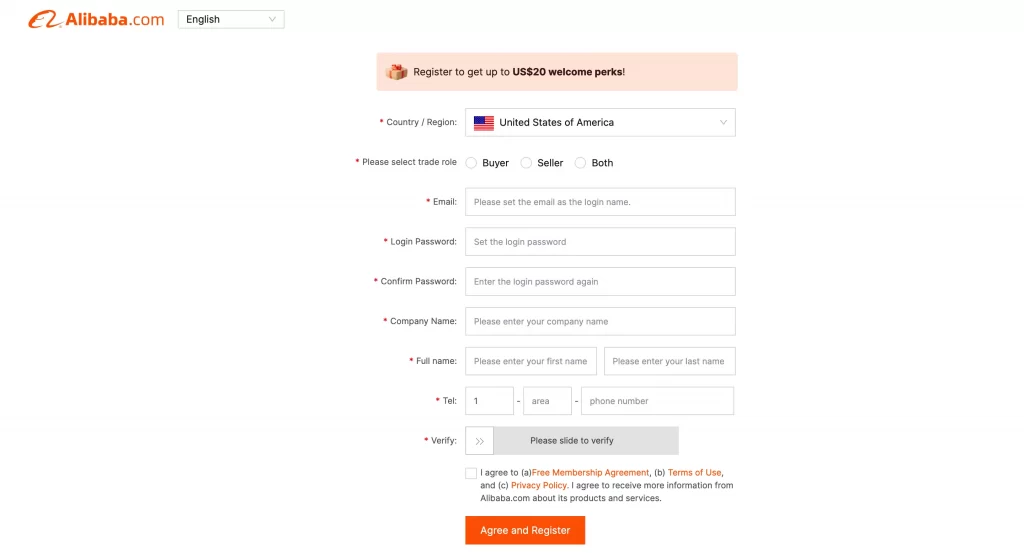 Add details to create Alibaba account