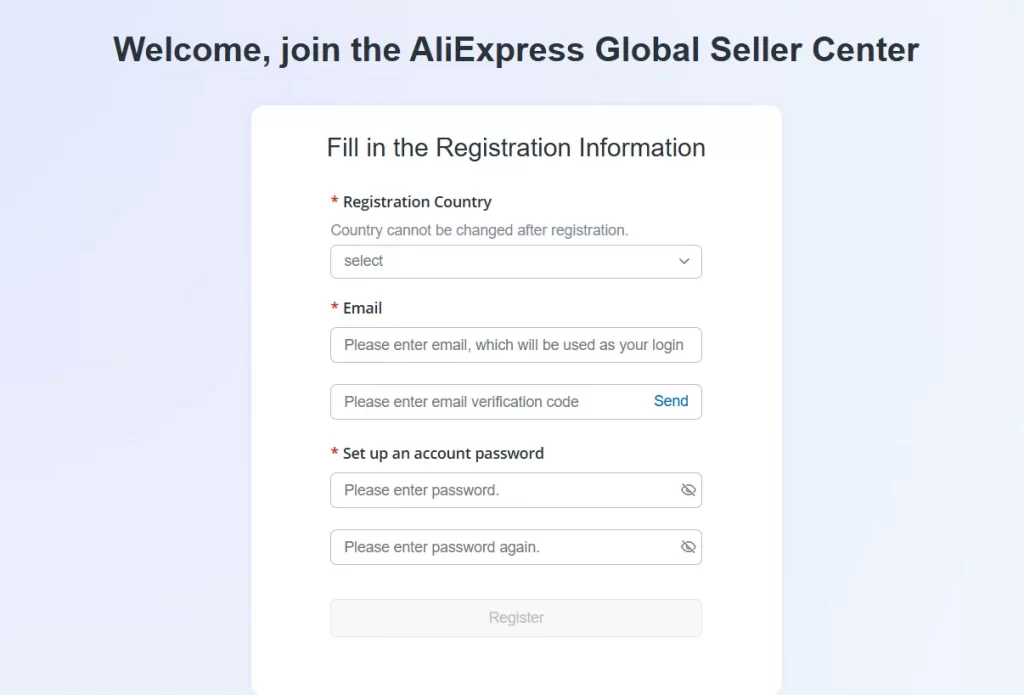 fill in information to join aliexpress