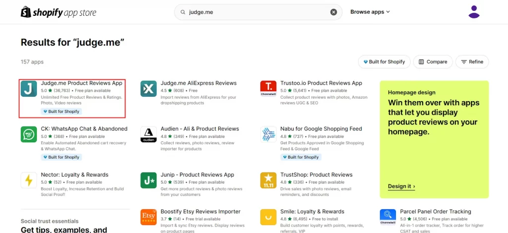 Locate the Judge.me app on Shopify app store.