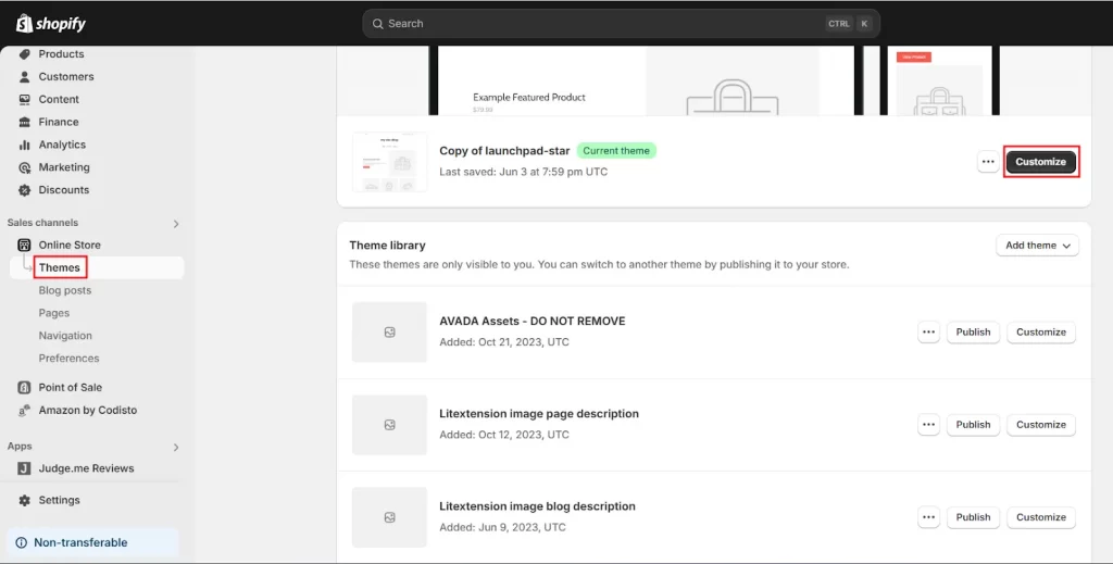 On the Shopify admin dashboard, choose Themes, then click Customize 