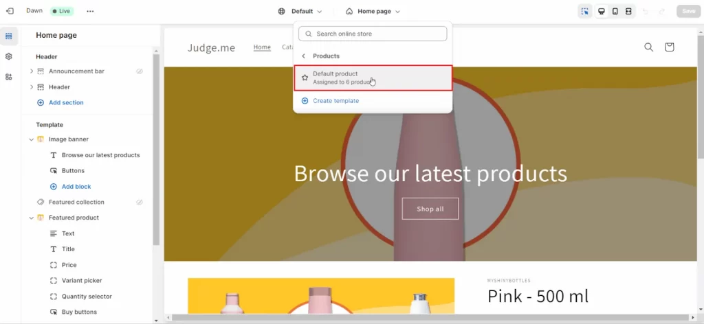 In the Home page top drop-down menu, select Products, then choose Default product.