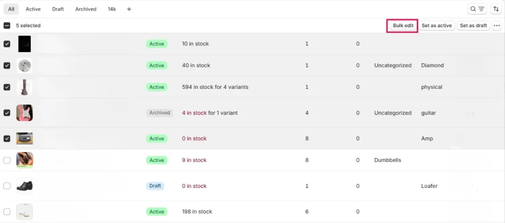 Click Bulk edit to edit shopify product type