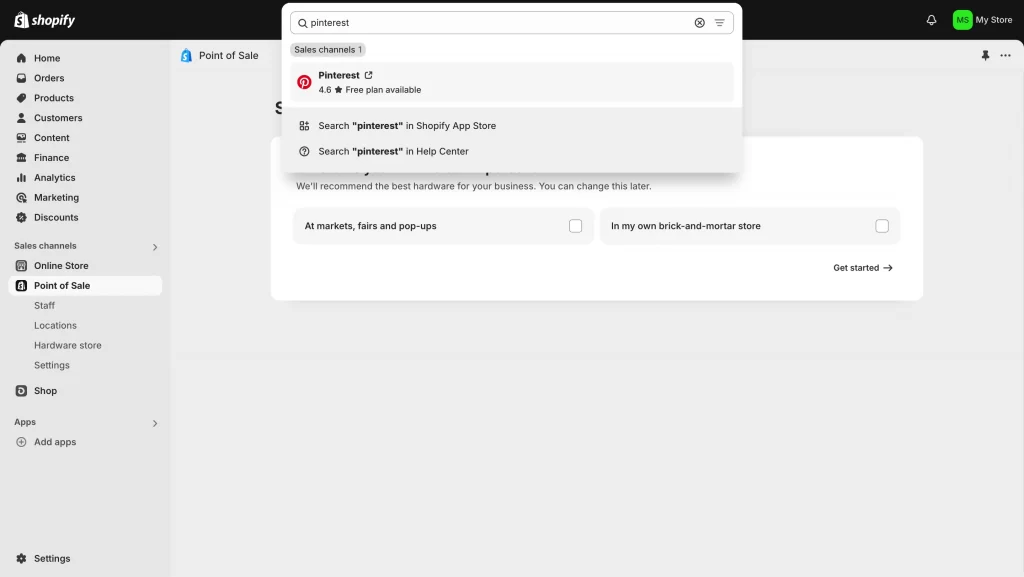 Search for Pinterest app on Shopify search bar