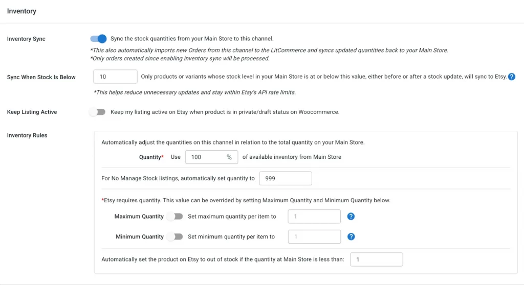 How to integrate WooCommerce to Etsy27 Inventory synchronization options on LitCommerce
