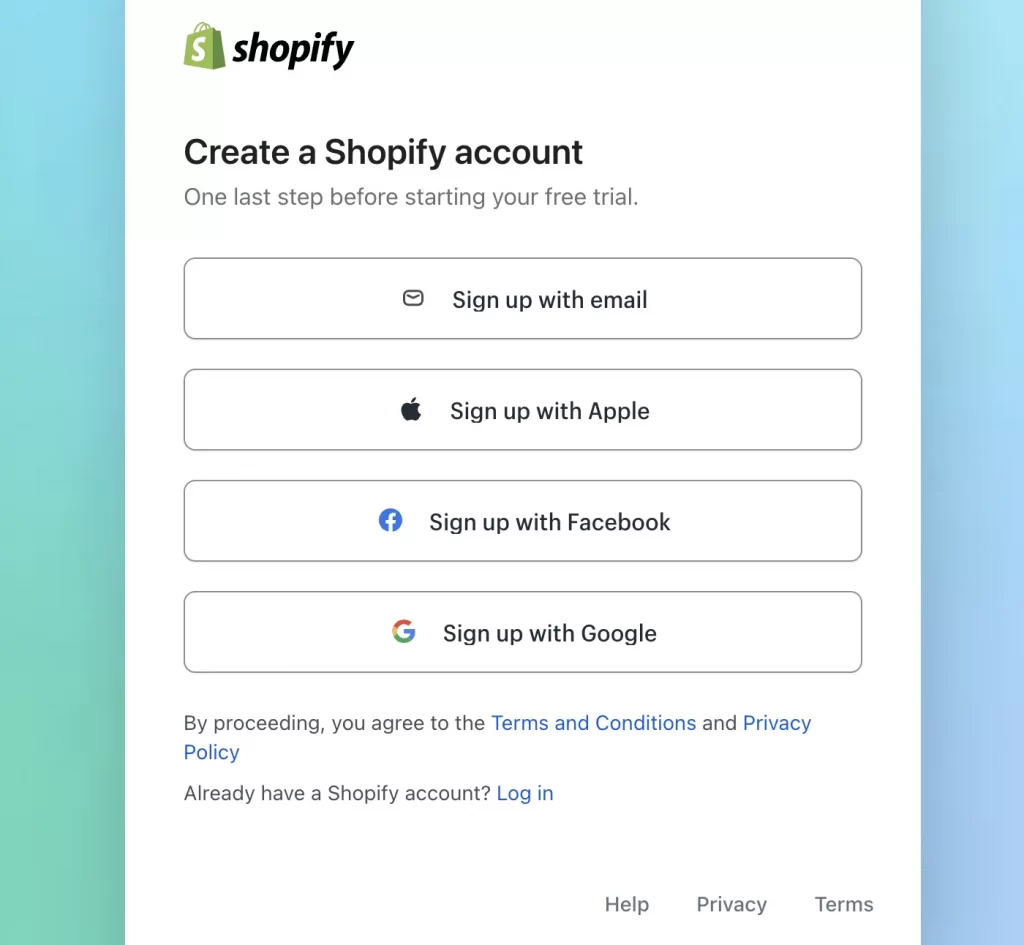 Create Shopify Account