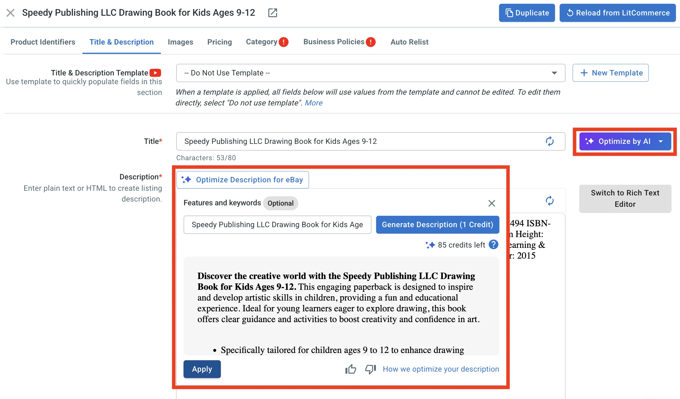 ai books LitCommerce's AI title and description optimization