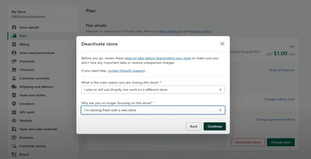 Choose a reason why you close your Shopify store