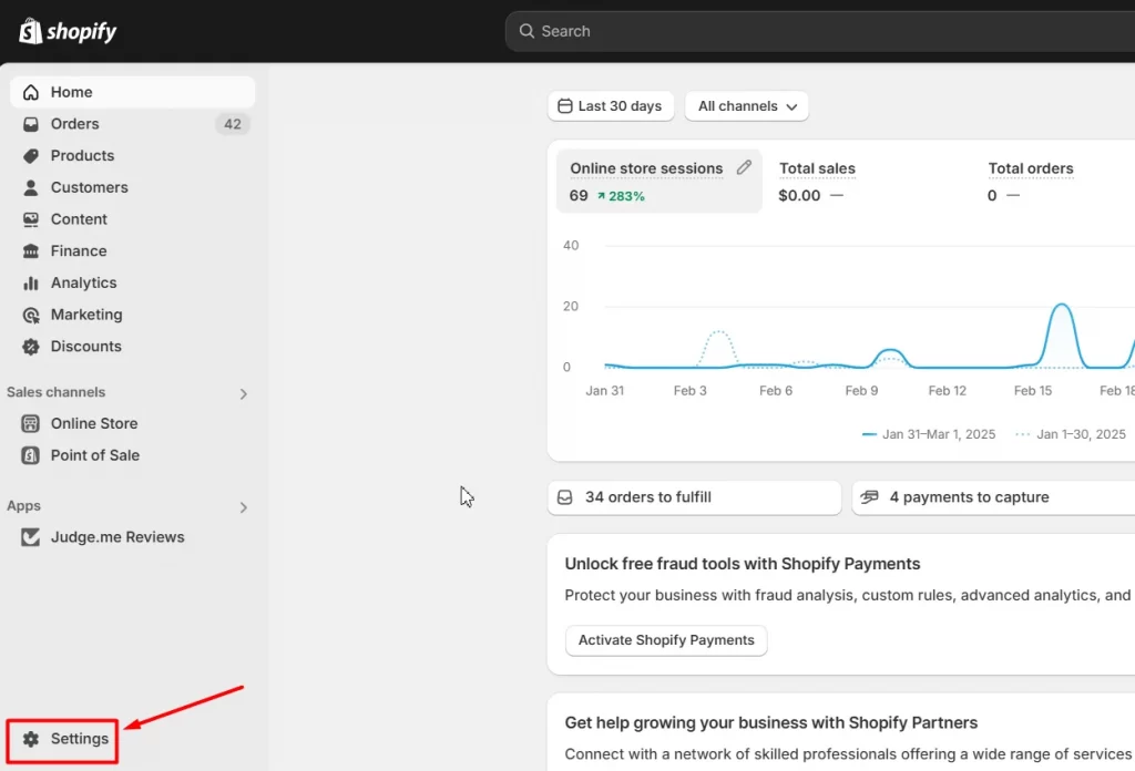 Go to Settings on your Shopify admin dashboard