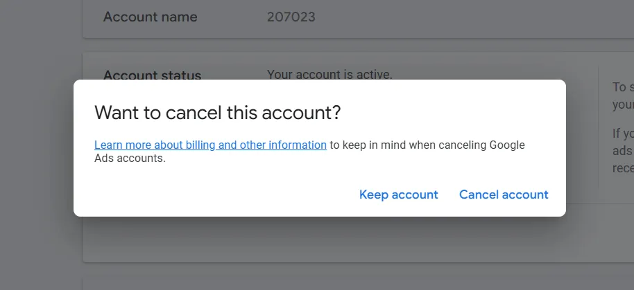 confirm to cancel google ads account

