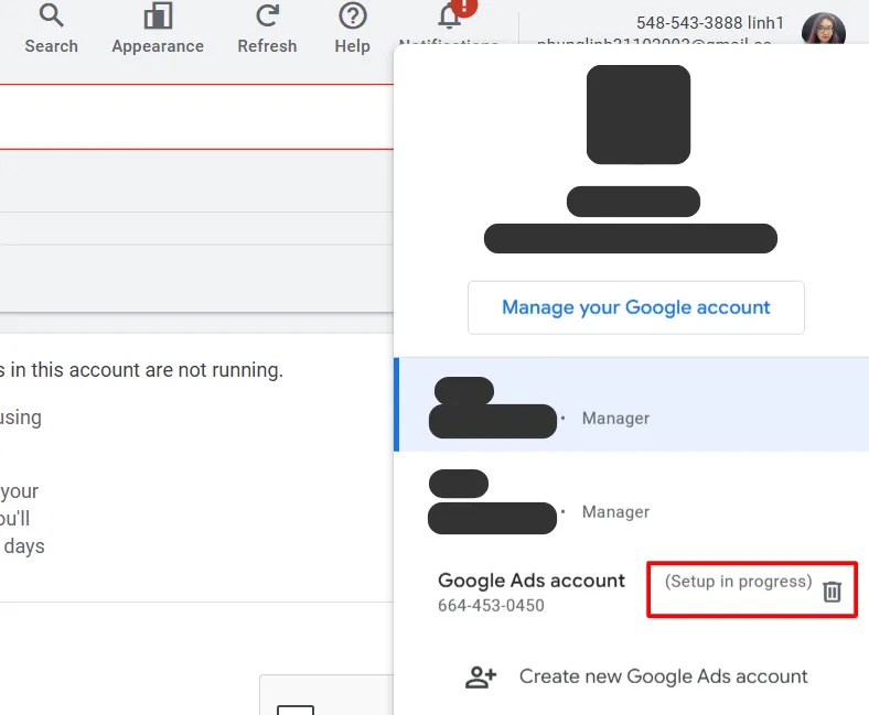 delete account in set up progress