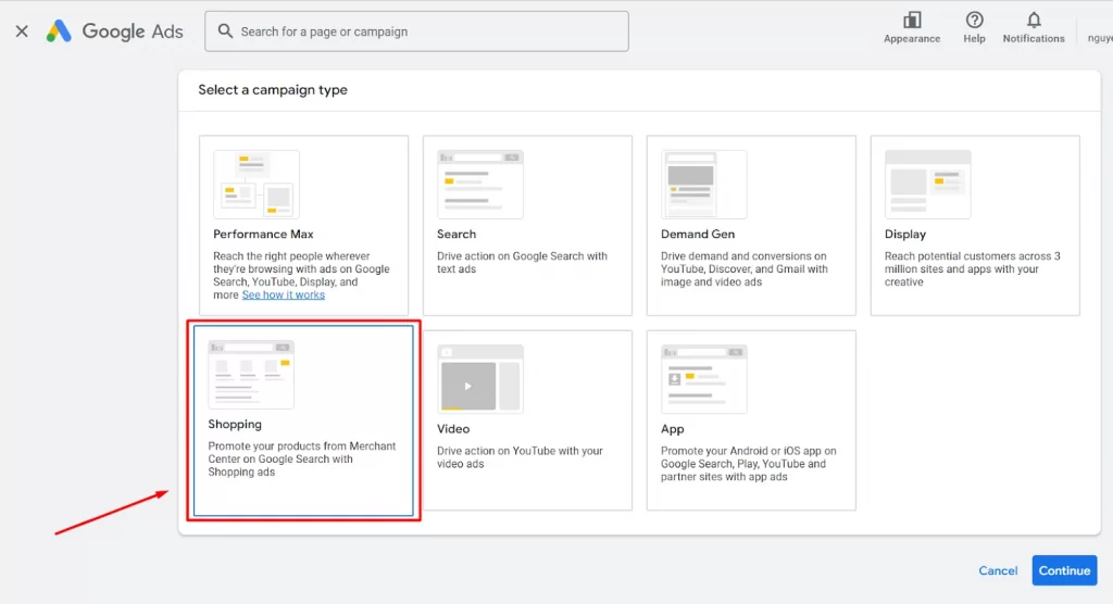 Choose Shopping as your campaign type