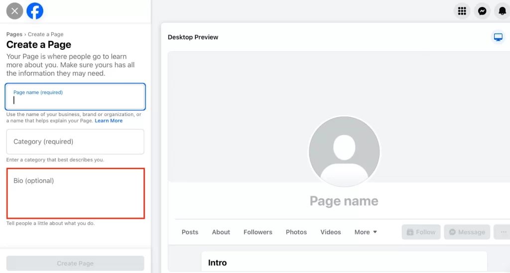 Add your Page bio on facebook 