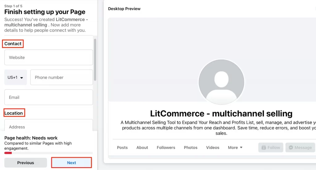 Fill in contact, location and click next on facebook creating page 