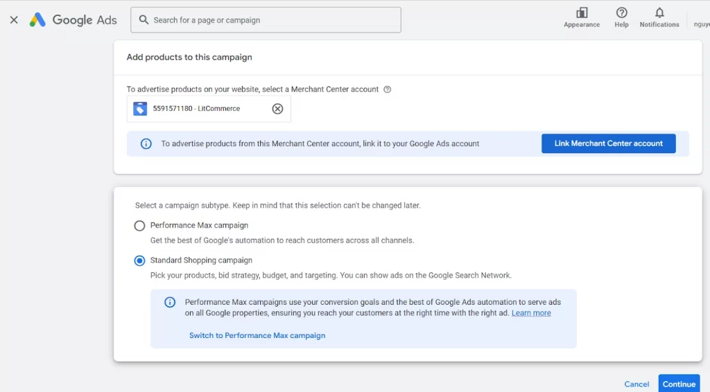 Select the Merchant Center account linked to Google Ads