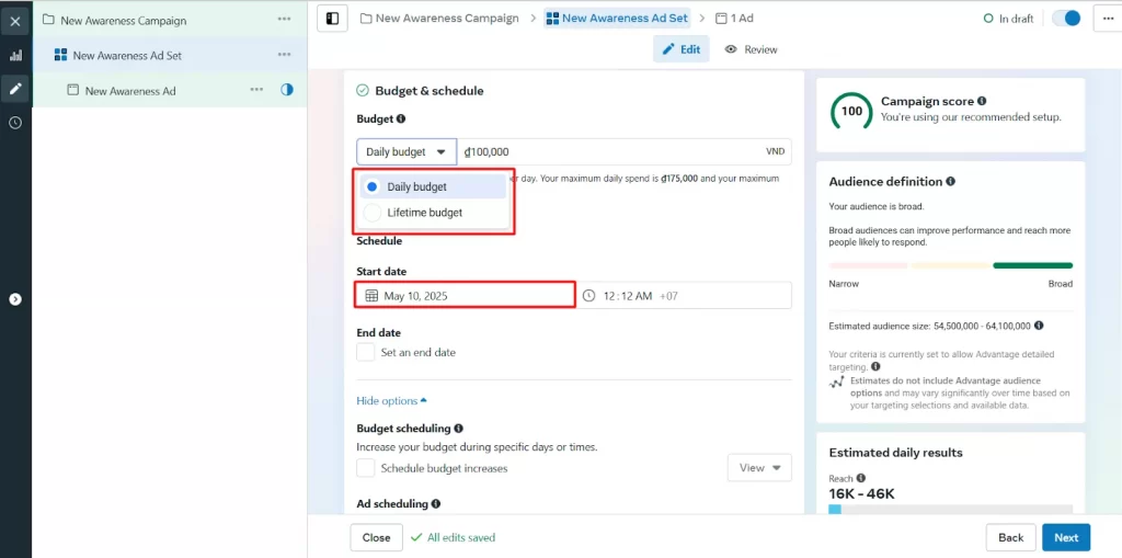 Set a budget for your ad and schedule