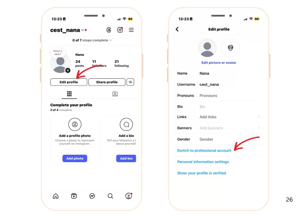Steps to switch to a business account on Instagram