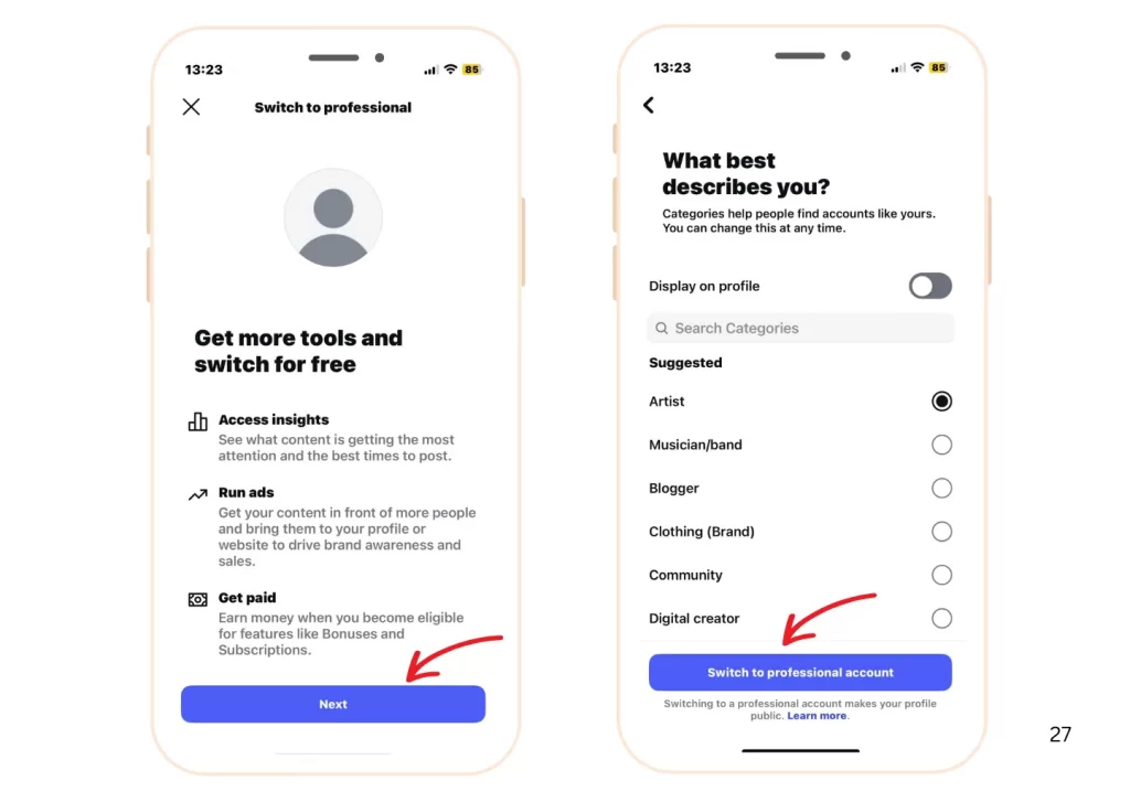 Tap Switch to professional account