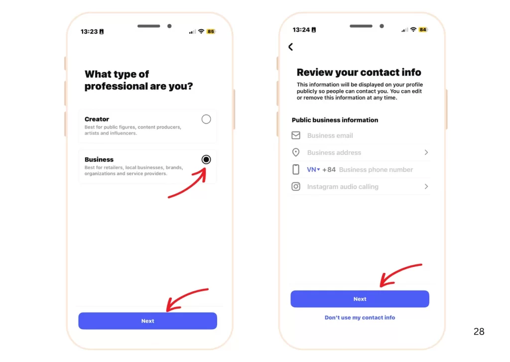 Add business contact info to your Instagram business account