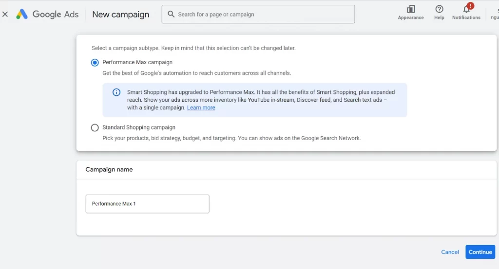 Choose between Performance Max campaign or Standard Shopping campaign