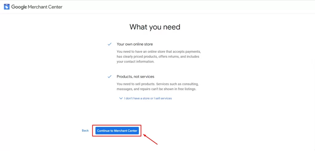Click Continue to Google Merchant