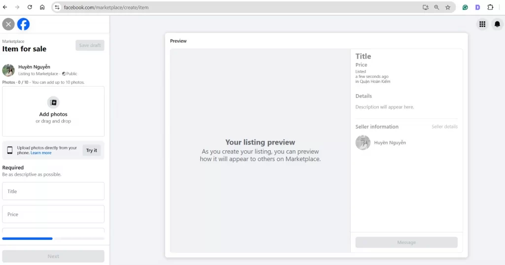 Create a new listing on Facebook Marketplace