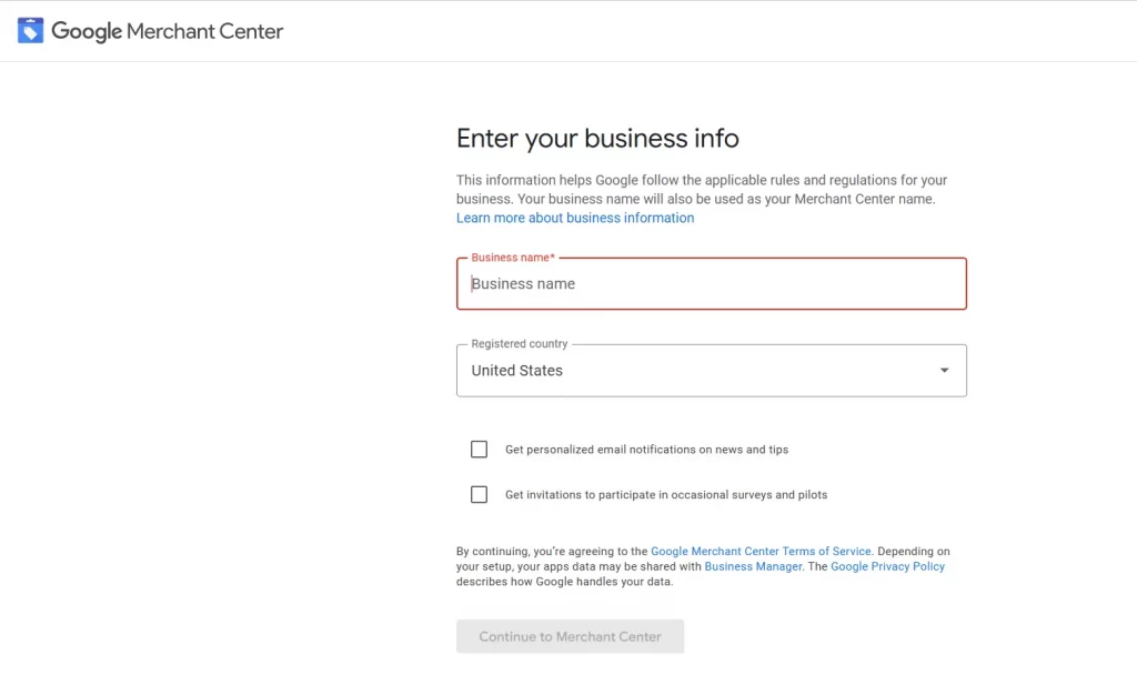 Enter your business info to Google Merchant Center