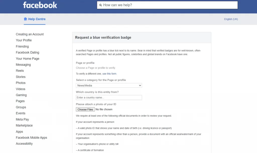 meta verification request form
