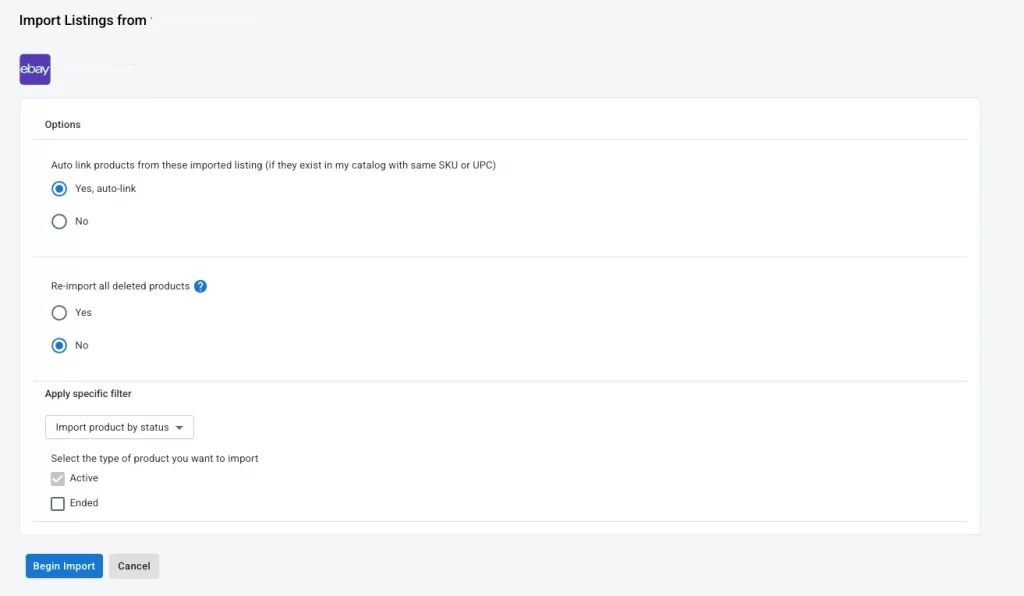 Configure ebay import listings