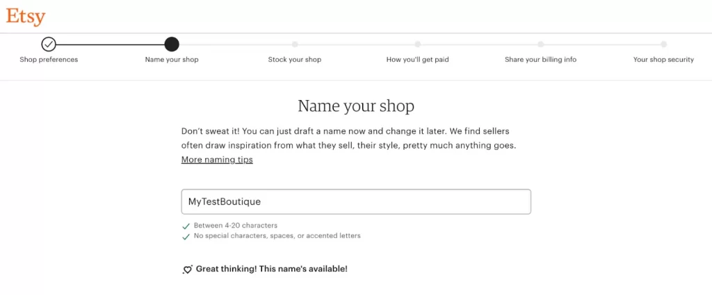 Etsy dashboard to fill in shop name