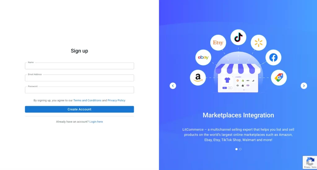 LitCommerce sign up screen 