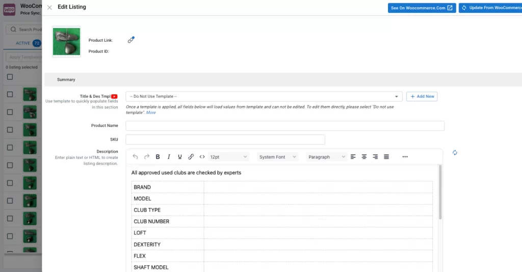 Edit listing screen 