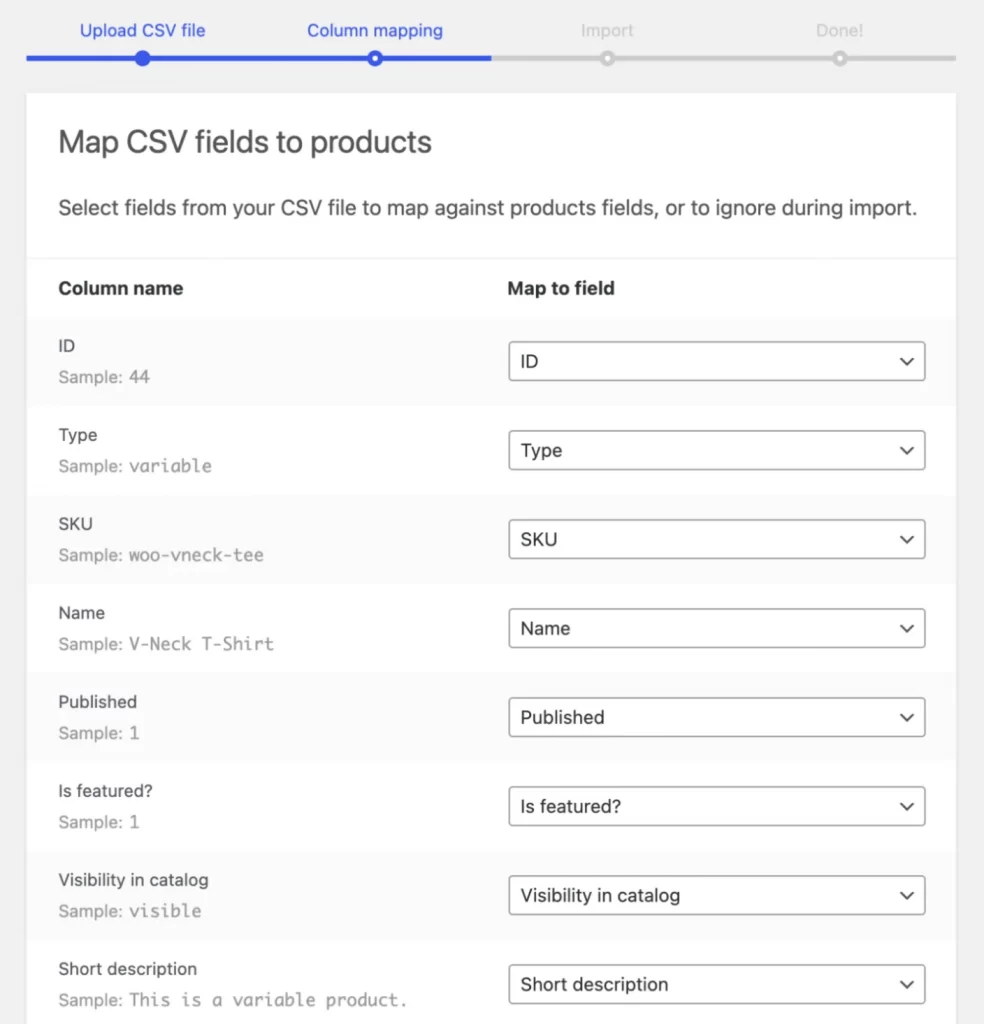 Column Mapping screen on WooCommerce built-in tool 