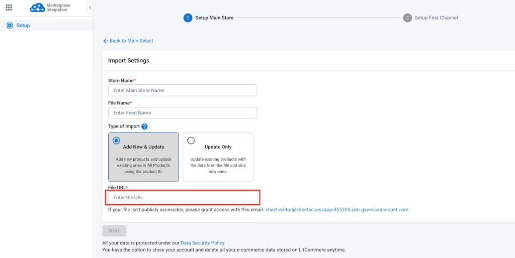 Enter the URL on LitCommerce
