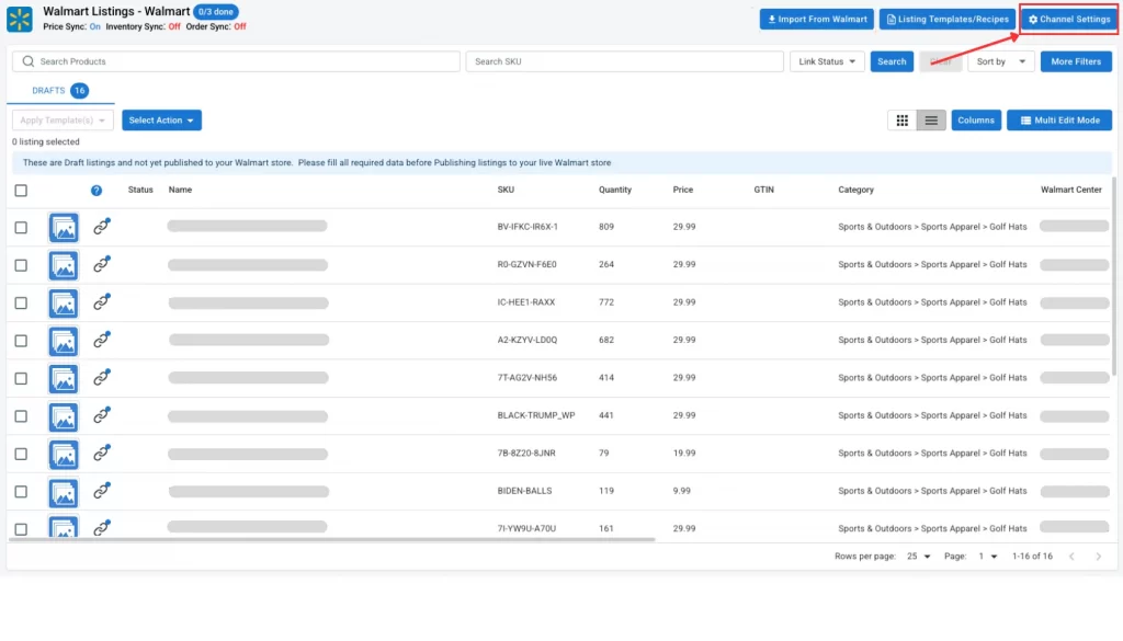 Click Channel Settings on your Walmart store