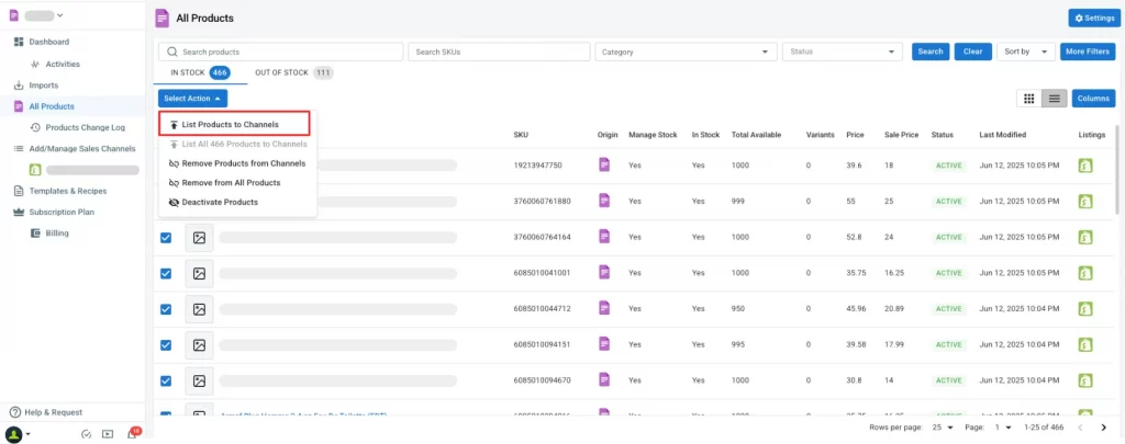 Click List Products to Channels to start importing products to Shopify