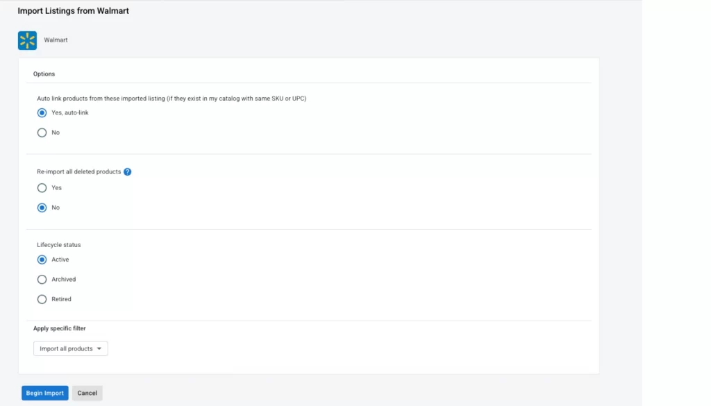 Configure how you want to import products from Walmart