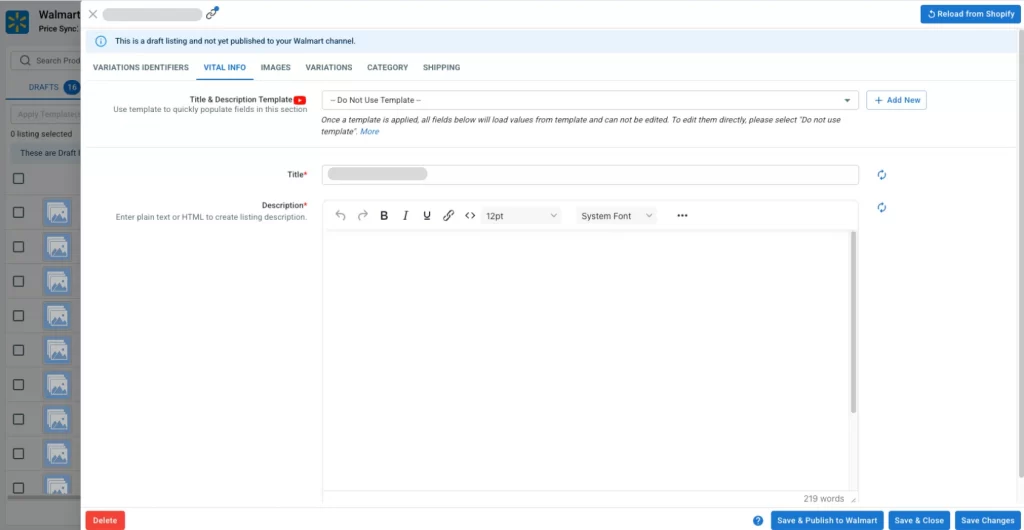 Edit a product listing before publishing it to Walmart