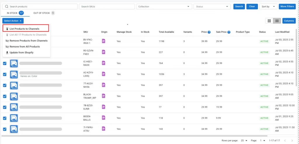 Select List Products to Channels