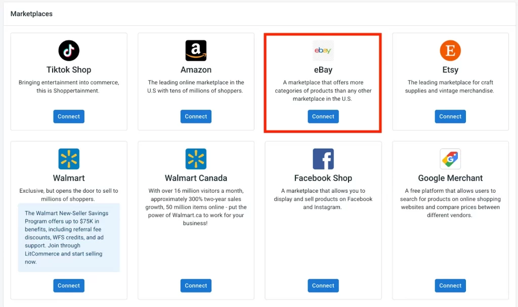 Wix eBay integration 1 Choose eBay on the LitCommerce dashboard
