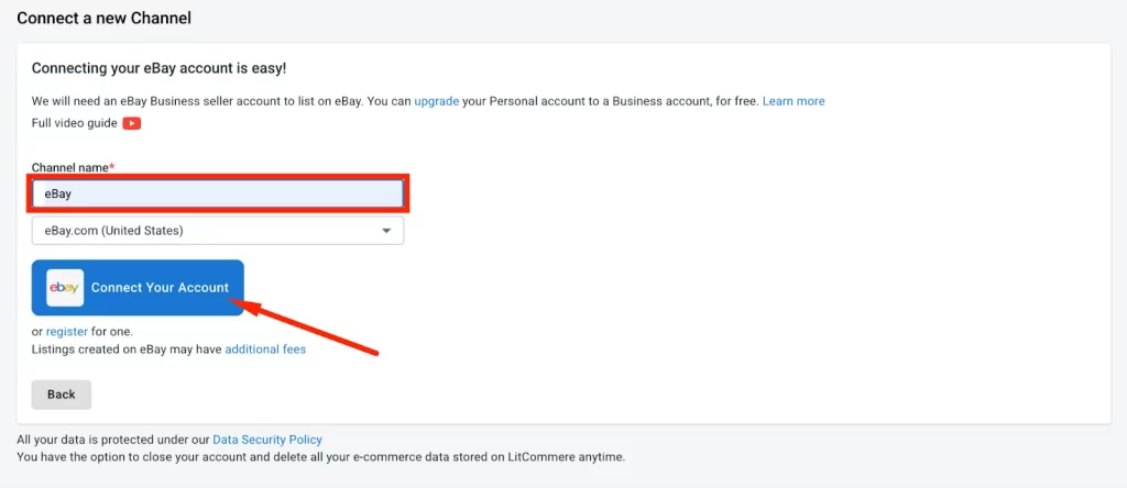 Wix eBay integration 2 Fill in eBay name on LitCommerce dashboard